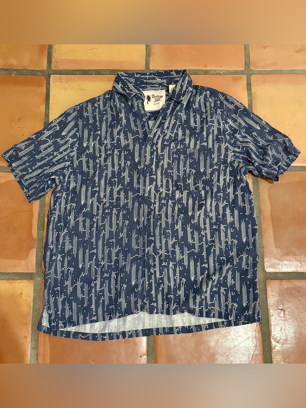 Vintage Silk Navy Patterned Short-Sleeve Button-Down Shirt